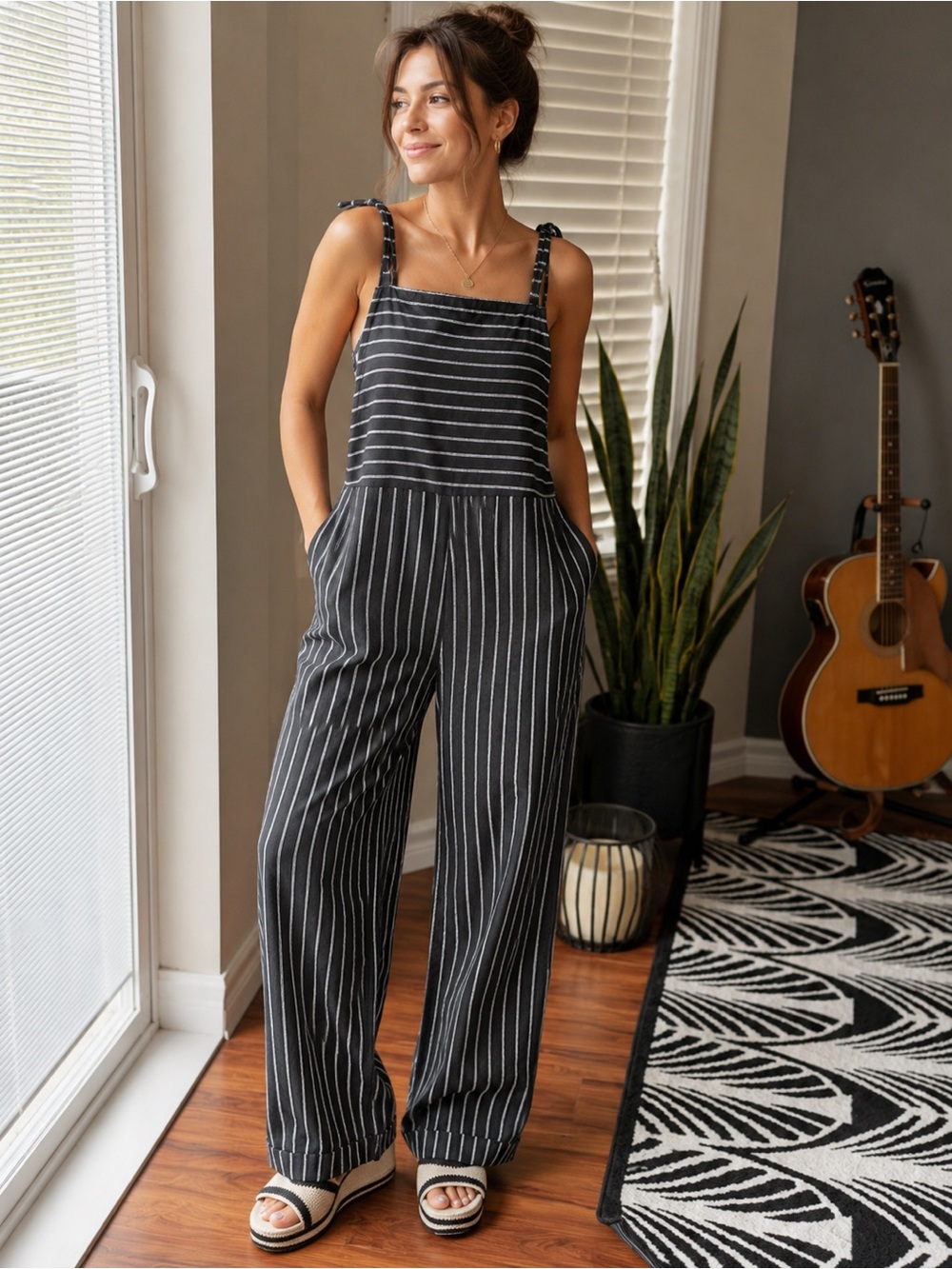 Roolee Black & White Striped Linen-Blend Jumpsuit